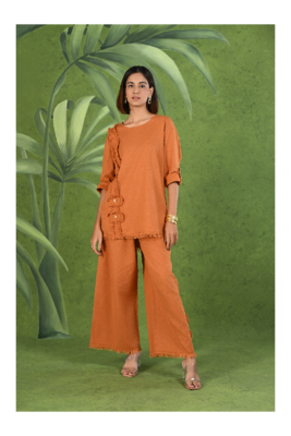 Senorita Rust orange frayed solid linen cotton full sleeve co-ord set 1