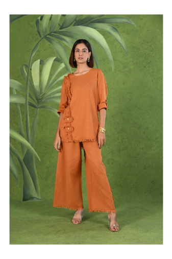 Senorita Rust orange frayed solid linen cotton full sleeve co-ord set