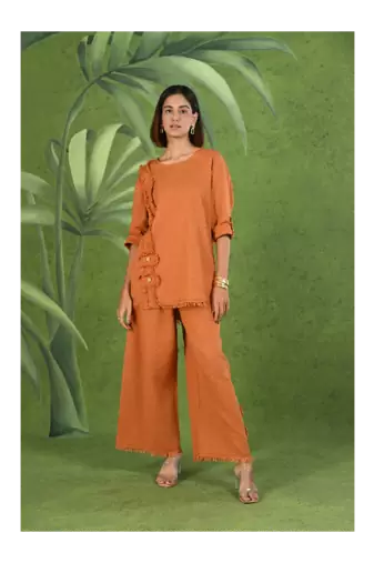 Senorita Rust orange frayed solid linen cotton full sleeve co-ord set