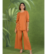 Senorita Rust orange frayed solid linen cotton full sleeve co-ord set