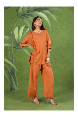 Senorita Rust orange frayed solid linen cotton full sleeve co-ord set 3