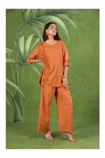 Senorita Rust orange frayed solid linen cotton full sleeve co-ord set
