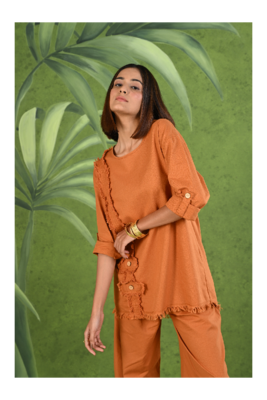 Senorita Rust orange frayed solid linen cotton full sleeve co-ord set 4