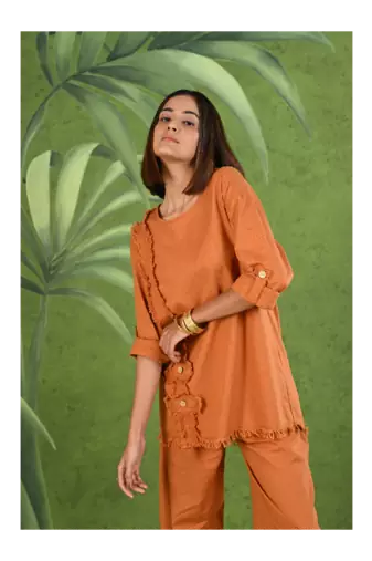 Senorita Rust orange frayed solid linen cotton full sleeve co-ord set
