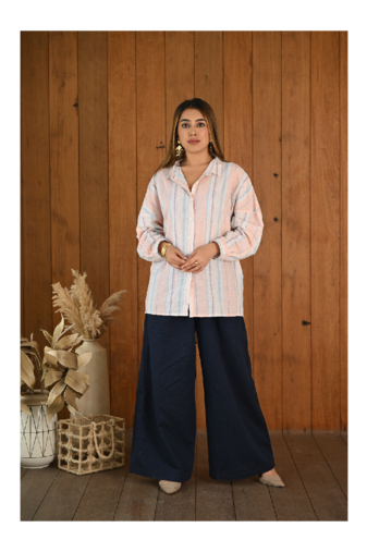 Senorita Baby pink & blue striped pattern linen cotton full sleeve co-ord set-012-wcod-bpnk-blu s