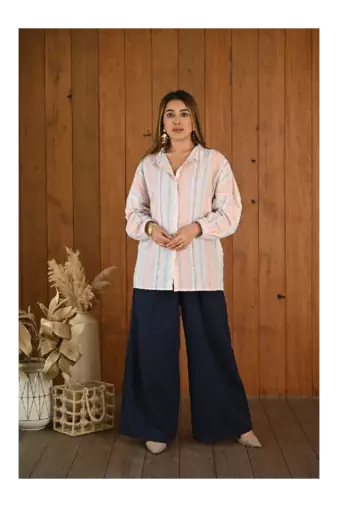 Senorita Baby pink & blue striped pattern linen cotton full sleeve co-ord set-012-wcod-bpnk-blu s