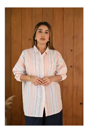 Senorita Baby pink & blue striped pattern linen cotton full sleeve co-ord set-012-wcod-bpnk-blu s