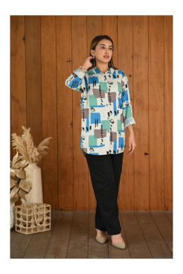 Senorita Blue green grey pattern printed modal & linen cotton full sleeve co-ord set 3