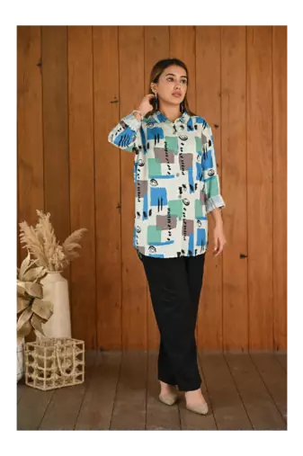 Senorita Blue green grey pattern printed modal & linen cotton full sleeve co-ord set