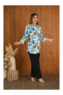 Senorita Blue green grey pattern printed modal & linen cotton full sleeve co-ord set 1