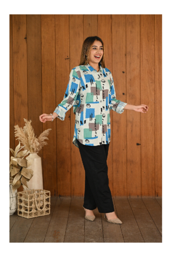 Senorita Blue green grey pattern printed modal & linen cotton full sleeve co-ord set
