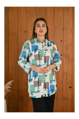 Senorita Blue green grey pattern printed modal & linen cotton full sleeve co-ord set 4