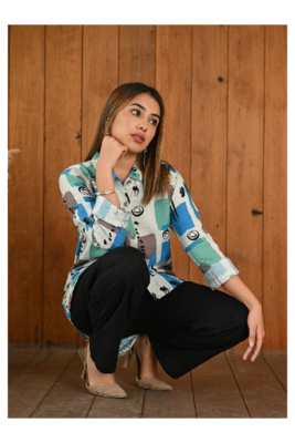 Senorita Blue green grey pattern printed modal & linen cotton full sleeve co-ord set 5