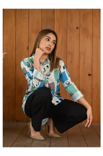 Senorita Blue green grey pattern printed modal & linen cotton full sleeve co-ord set