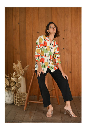 Senorita Orange & green pattern printed modal & linen cotton full sleeve co-ord set