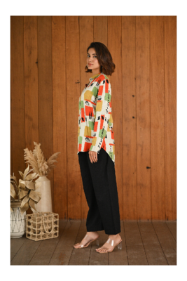 Senorita Orange & green pattern printed modal & linen cotton full sleeve co-ord set 3