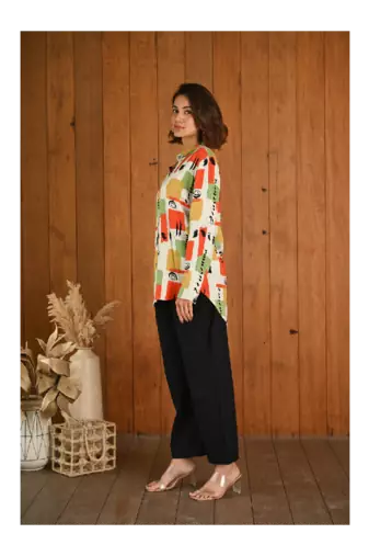 Senorita Orange & green pattern printed modal & linen cotton full sleeve co-ord set