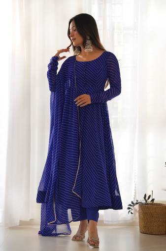 PURE FOX GEORGETTE LAHERIYA PRINT FABRIC FULLY FLAIR ANARKALI,WITH DUPPTA SET,PENT READY TO WEAR