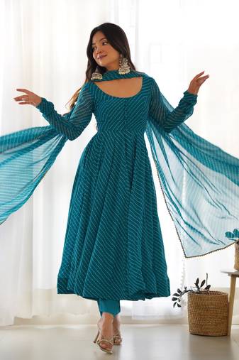 PURE FOX GEORGETTE LAHERIYA PRINT FABRIC FULLY FLAIR ANARKALI,WITH DUPPTA SET,PENT READY TO WEAR