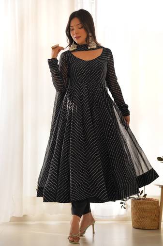 PURE FOX GEORGETTE LAHERIYA PRINT FABRIC FULLY FLAIR ANARKALI,WITH DUPPTA SET,PENT READY TO WEAR