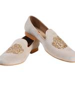 Tanny shoes men's velvet material zari embroidery off white slip on jutti