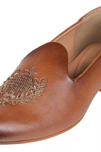 Tanny shoes men's faux leather brown zari embroidery ethnic shoe for bridal casual party