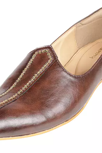Tanny shoes men's faux leather brown zari embroidery ethnic shoe for bridal casual party