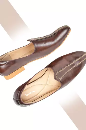 Tanny shoes men's faux leather brown zari embroidery ethnic shoe for bridal casual party