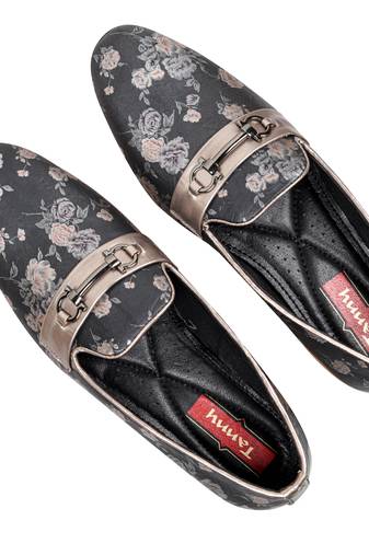 Tanny shoes men's faux leather black printed ethnic shoes for bridal casual party