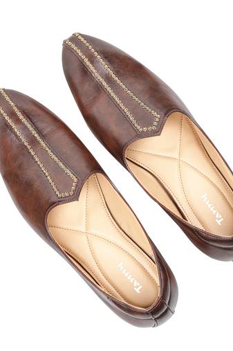 Tanny shoes men's faux leather brown zari embroidery ethnic shoe for bridal casual party