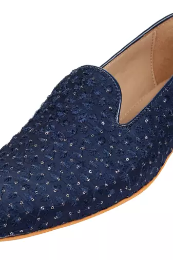 blue textile jutti shoes with zari work