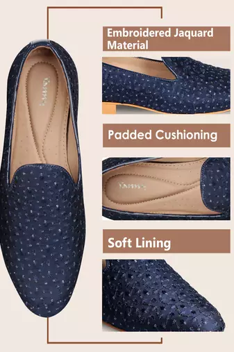 blue textile jutti shoes with zari work