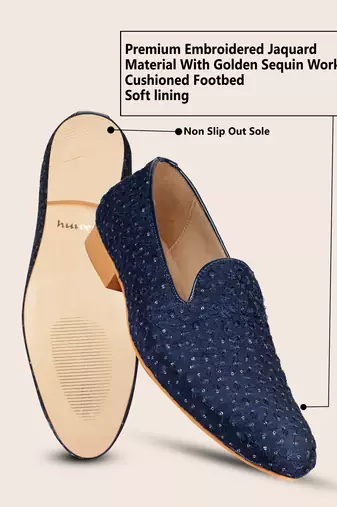 blue textile jutti shoes with zari work