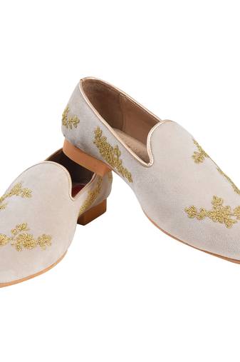Tanny shoes men's velvet material all over embroidery off white slip on jutti
