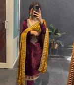 Maroon Viscos Velvet Embroidery Work Full Sleeve Fully Stitched Ready To Wear Kurti Set