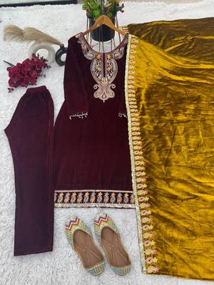 Maroon Viscos Velvet Embroidery Work Full Sleeve Fully Stitched Ready To Wear Kurti Set 4