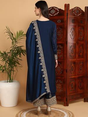women navy blue silk blend solid embroidered straight kurta palazzos with dupatta 6