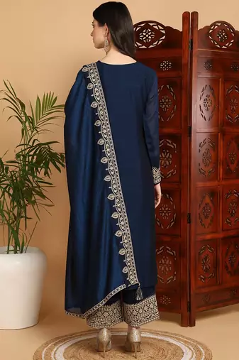women navy blue silk blend solid embroidered straight kurta palazzos with dupatta