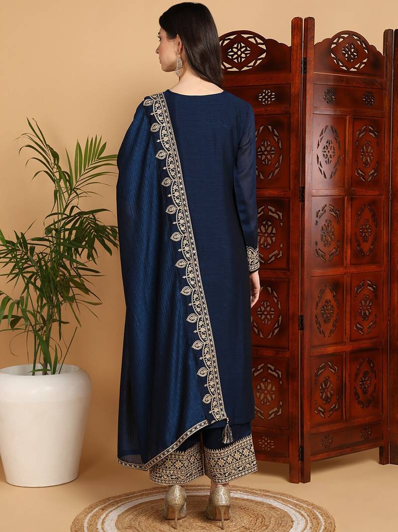 women navy blue silk blend solid embroidered straight kurta palazzos with dupatta