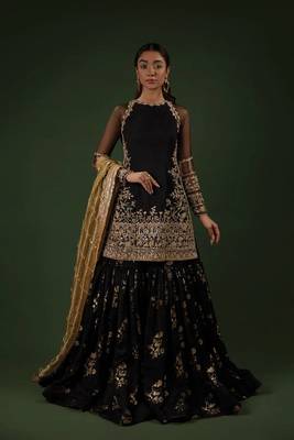 Black Georgette Silk Embroidery Work Full Sleeve Fully Stitched Ready To Wear Kurti Set 1