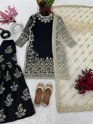 Black Georgette Silk Embroidery Work Full Sleeve Fully Stitched Ready To Wear Kurti Set 4