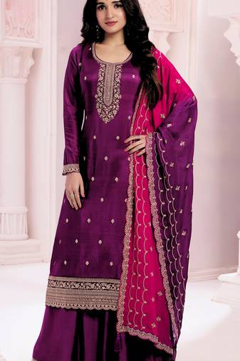 Purple premium embroidered vichitra silk semi stitched salwar suit