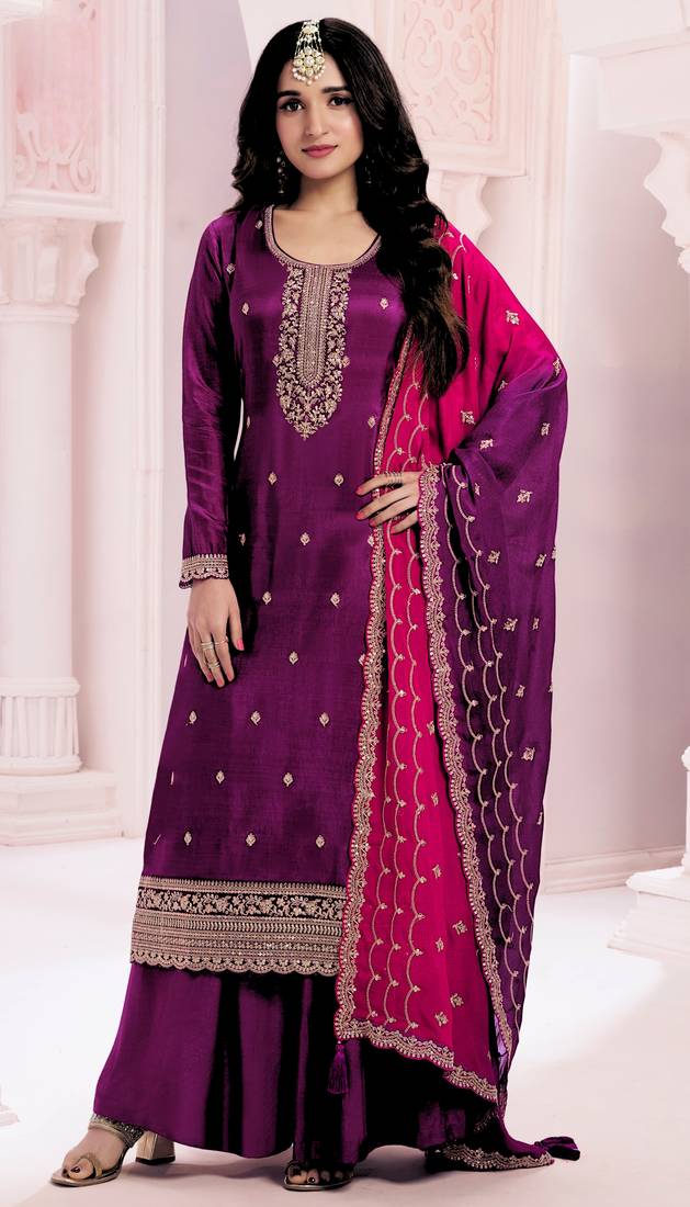 Purple premium embroidered vichitra silk semi stitched salwar suit