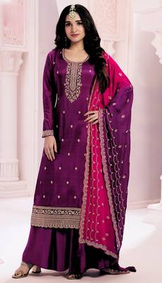 Purple premium embroidered vichitra silk salwar suit 1