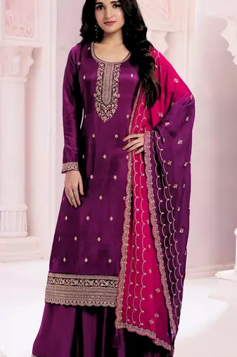 Purple premium embroidered vichitra silk semi stitched salwar suit