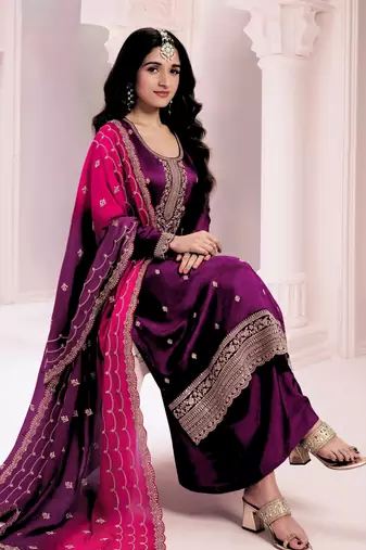 Purple premium embroidered vichitra silk salwar suit