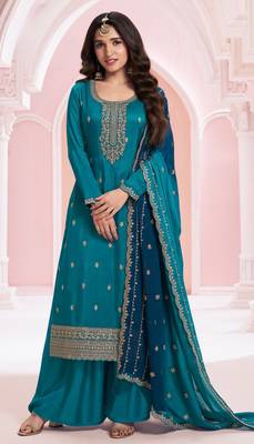 Teal blue green premium embroidered vichitra silk salwar suit 1