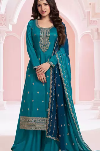 Teal blue green premium embroidered vichitra silk semi stitched salwar suit