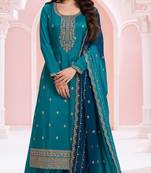 Teal blue green premium embroidered vichitra silk semi stitched salwar suit