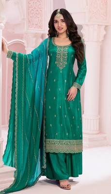 Green premium embroidered vichitra silk salwar suit 1